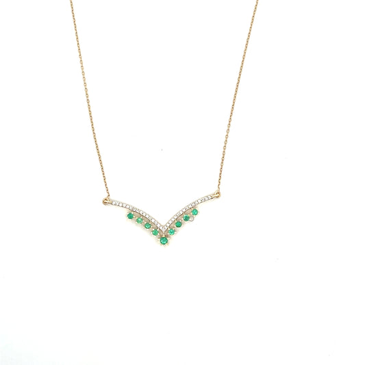 10K YG D-0.15CTW EMERALD AND DIAMOND SMALL V SHAPE NECKLACE