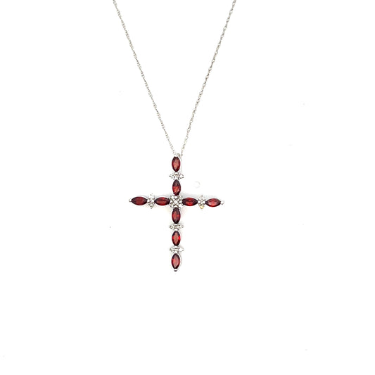 10K WG D-0.12CTW DIAMOND AND GARNET CROSS NECKLACE