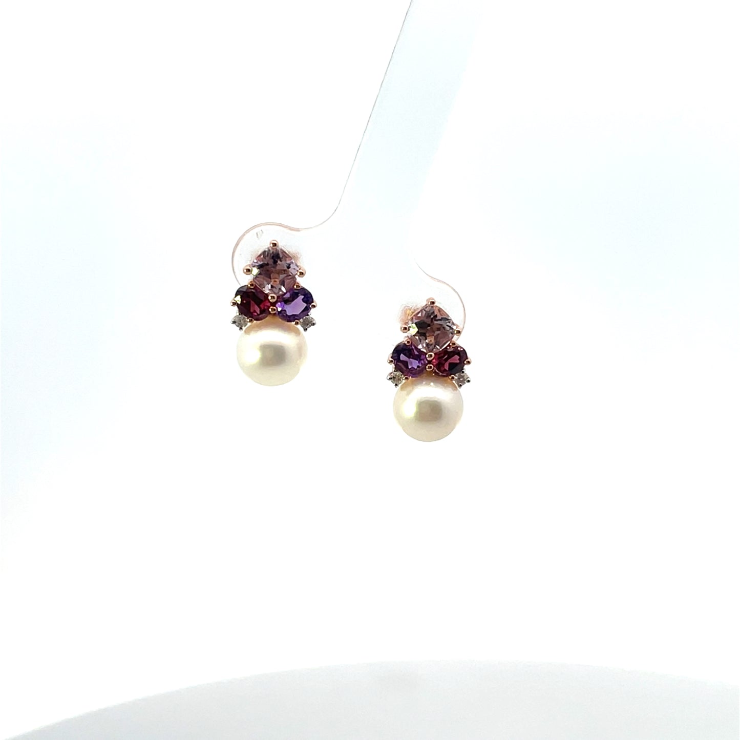 10K YG PEARL AND AMETHYST, GARNET CLUSTER WITH DIAMOND ACCENT EARRINGS