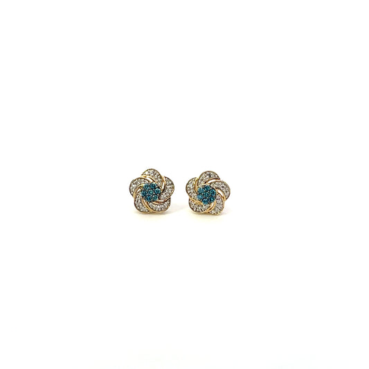 10K YG D-0.33CTW NATURAL AND BLUE DIAMOND FLOWER EARRINGS