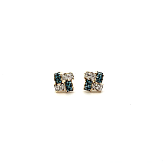 10K YG D-0.33CTW NATURAL AND BLUE DIAMOND CHESS EARRINGS