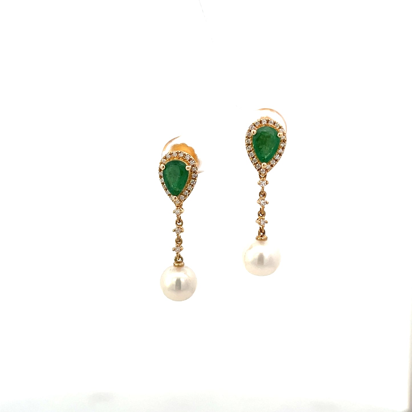 14K YG D.0.25CTW EMERALD PEAR WITH DIAMOND HALO AND PENDANT PEARL EARRINGS