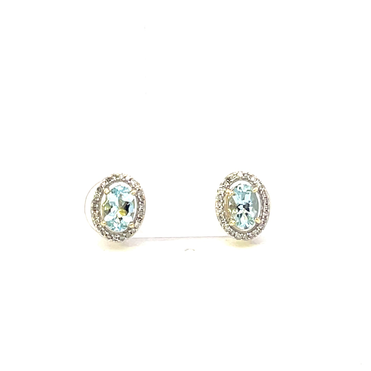 10K YG D-0.18CTW OVAL WITH HALO AQUAMARIND AND DIAMOND STUD EARRINGS