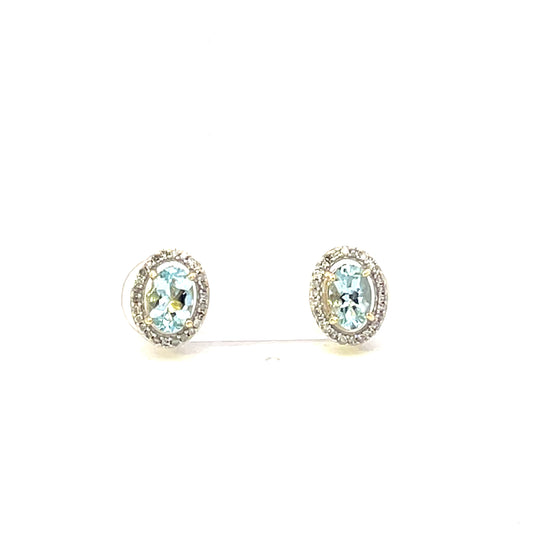 10K YG D-0.18CTW OVAL WITH HALO AQUAMARIND AND DIAMOND STUD EARRINGS