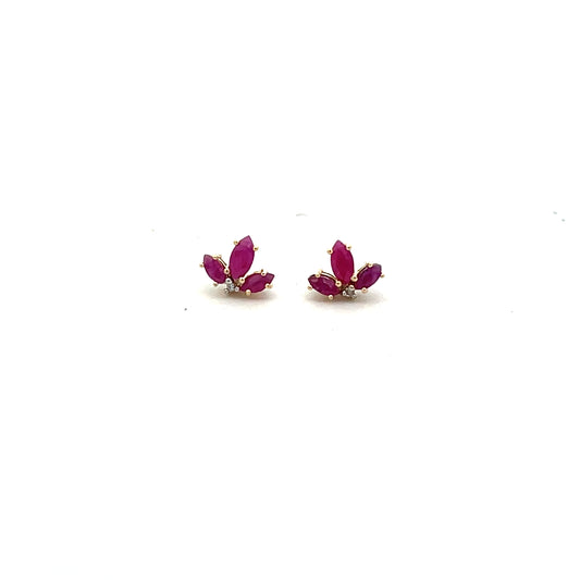 14K YG HALF FLOWER RUBY WITH DIAMOND STUD EARRINGS