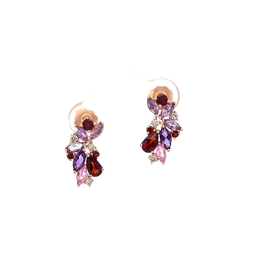 10K YG D-0.15 CTW AMETHYST AND GARNET CLUSTER WITH DIAMOND ACCENT EARRINGS