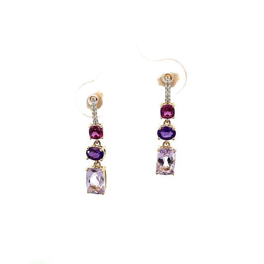 10K YG 3 AMETHYST AND RHODOLITE AND DIAMOND PENDANT EARRINGS