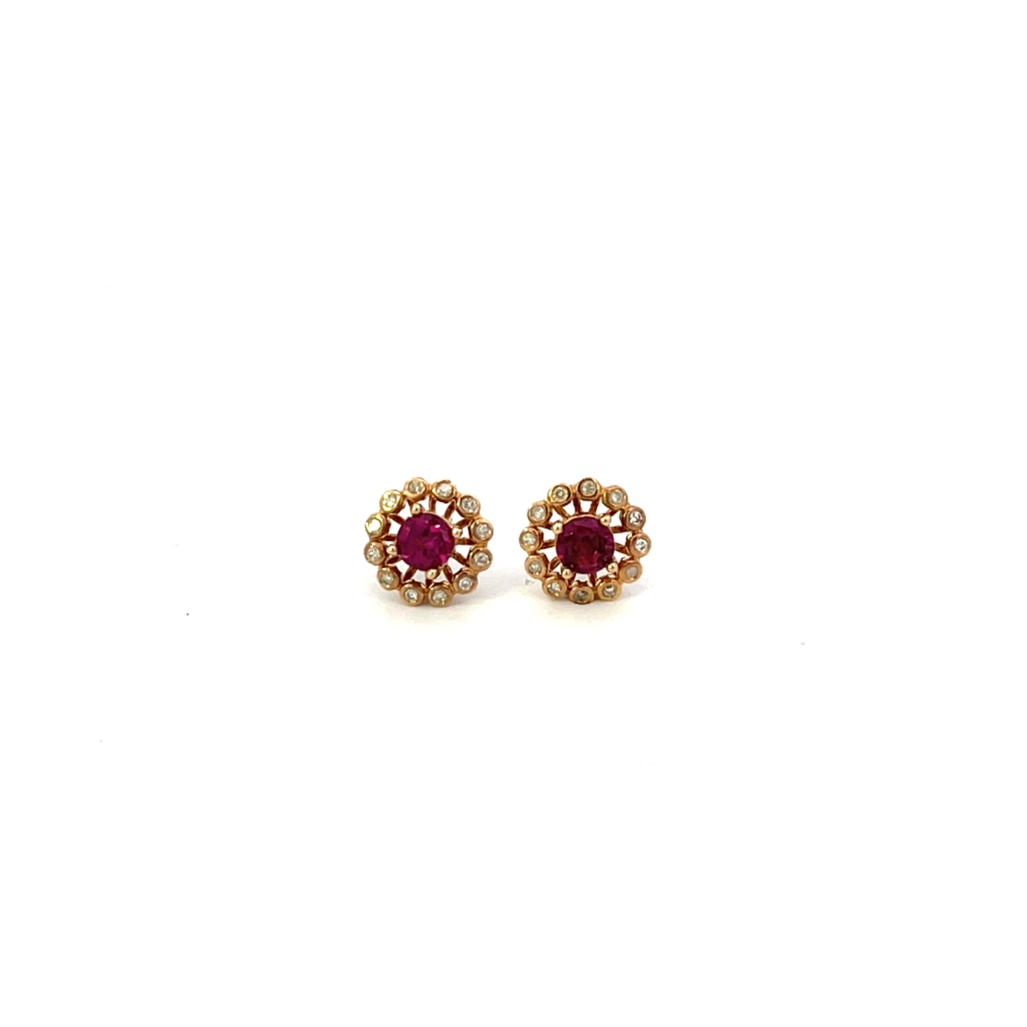 10K YG D-0.10CTW RHODOLITE FLOWER STUD EARRINGS