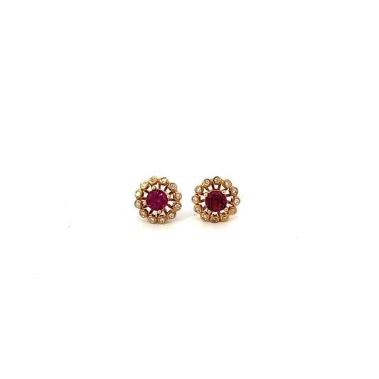 10K YG D-0.10CTW RHODOLITE FLOWER STUD EARRINGS
