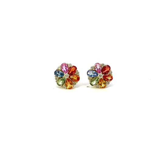 14K YG 0.75 MULTICOLOR SAPPHIRE FLOWER EARRINGS