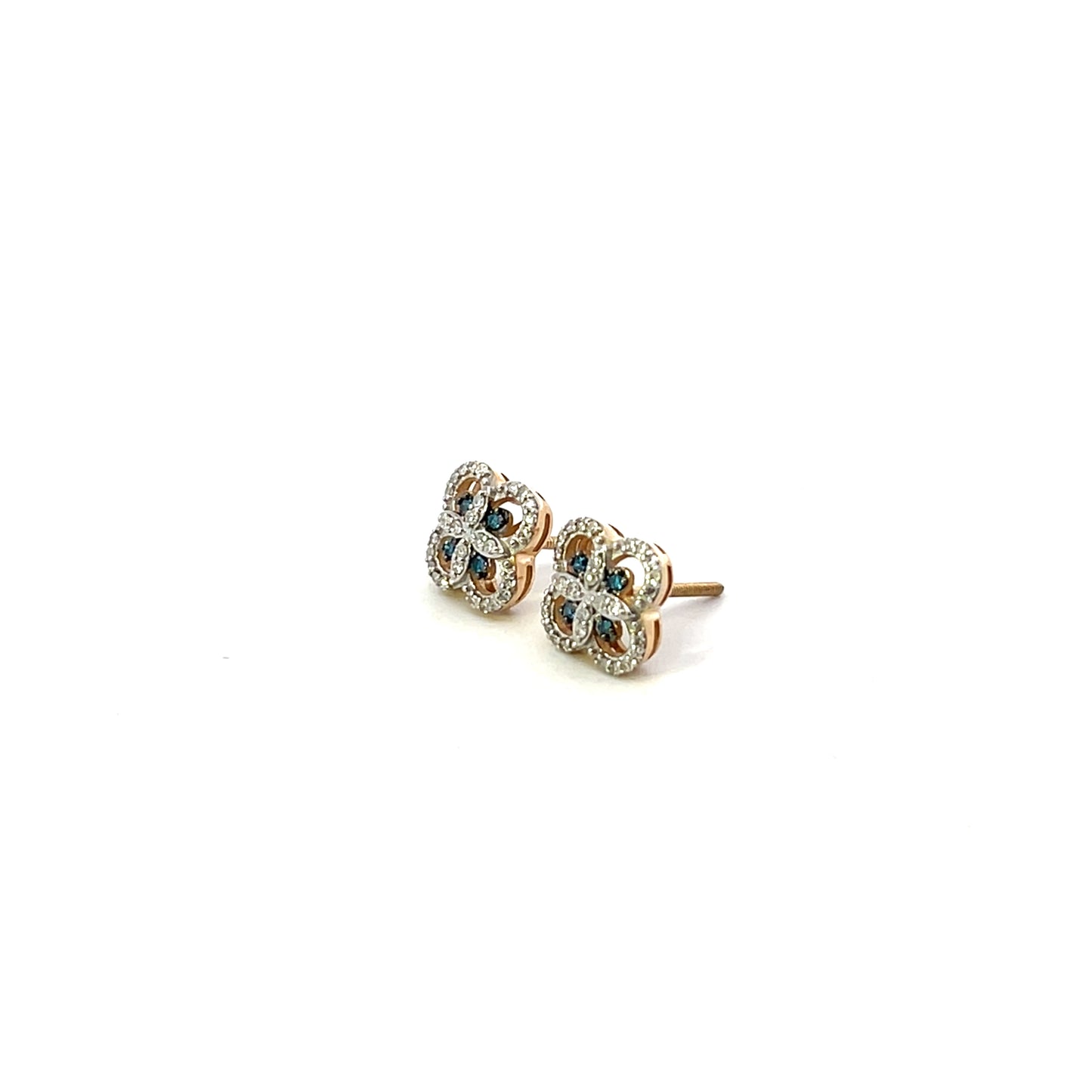 10K YG D-0.20CTW NATURAL AND BLUE DIAMOND CLOVER STUDS