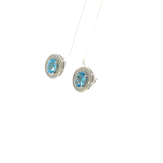 NATURAL DIAMOND AND BLUE TOPAZ OVAL STUDS WITH HALO