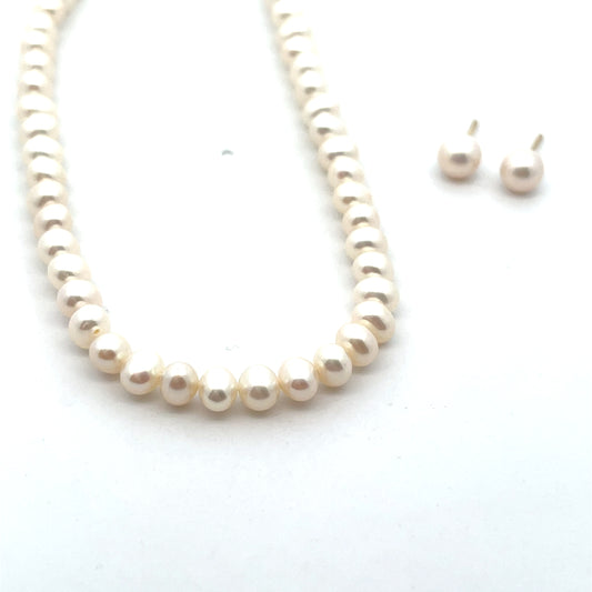14K YG ALL AROUND MEDIUM PEARL NECKLACE 18" WITH EARRINGS