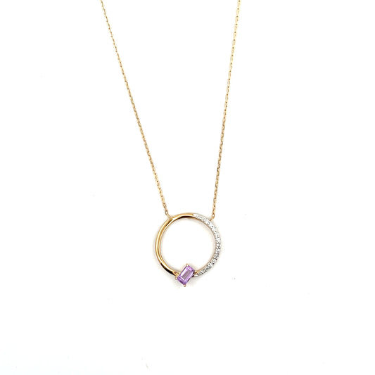 10K YG D-0.15CTW CIRCLE WITH AMETHYST AND DIAMOND NECKLACE