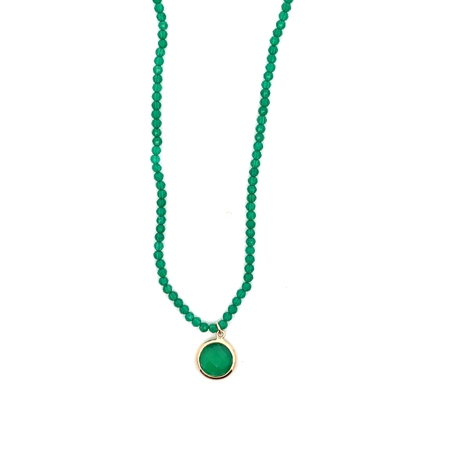 14K YG GREEN ONYX BEADED NECKLACE WITH PENDANT 15.5"