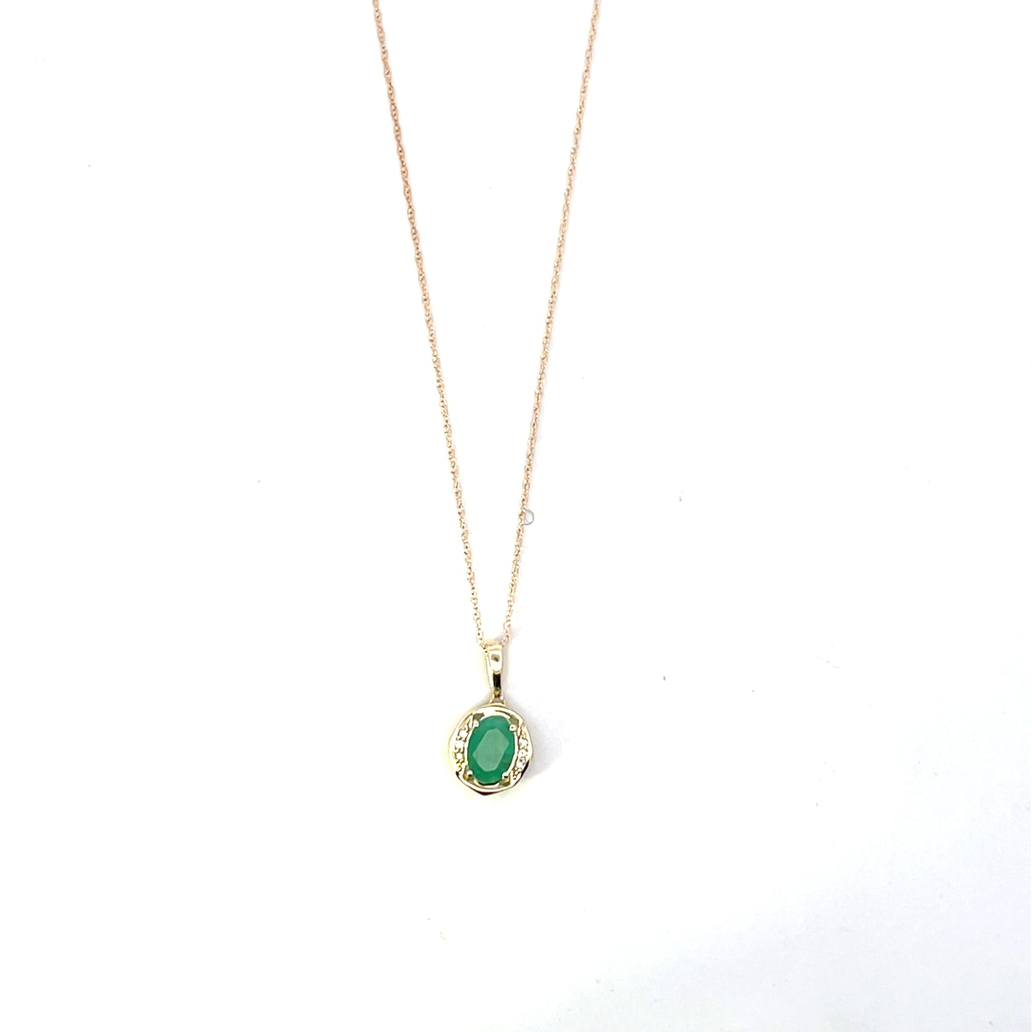 10K YG D-0.03CTW SOLITAIRE EMERALD WITH DIAMOND HALO NECKLACE