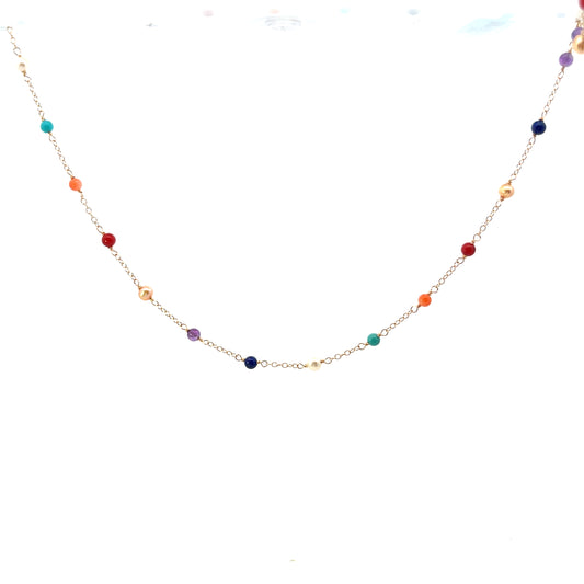 14K YG MULTI GEM MINI BALL NECKLACE 17"