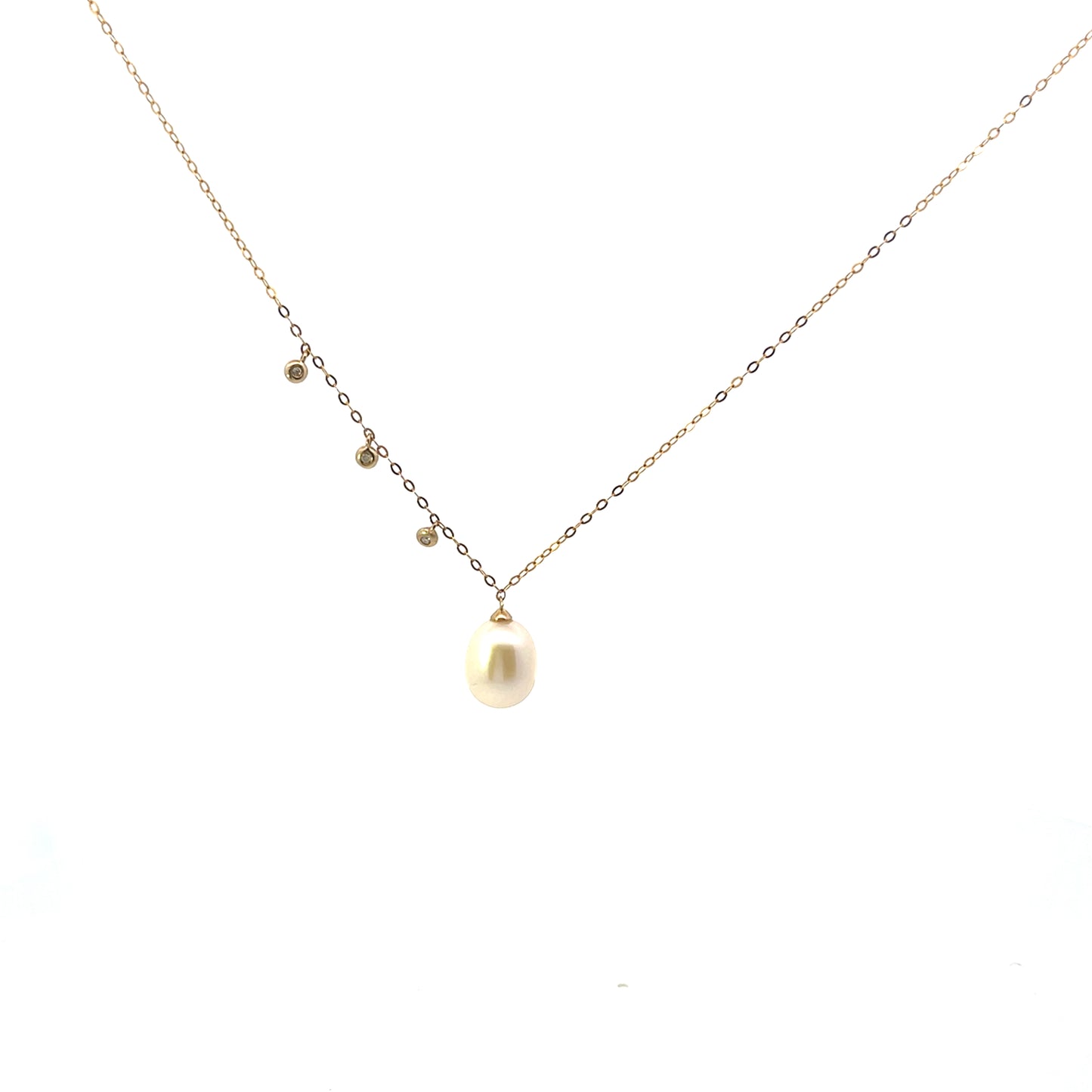 10K NATURAL PEARL AND 3 DIAMOND CHARM NECKLACE