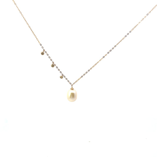 10K NATURAL PEARL AND 3 DIAMOND CHARM NECKLACE