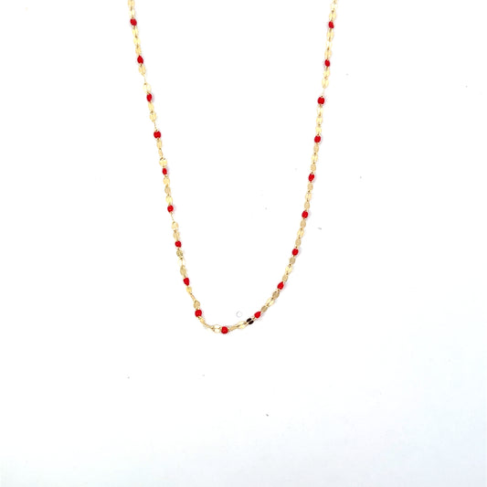 14K YG MIRROR CHAIN AND RED ENAMEL