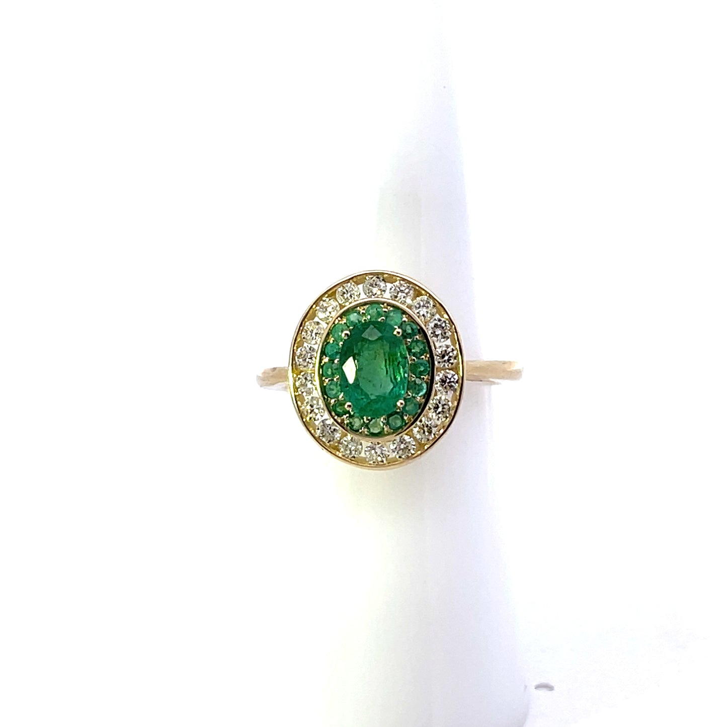 10K YG D-0.10CTW EMERALD SOLITAIRE WITH DIAMOND HALO RING