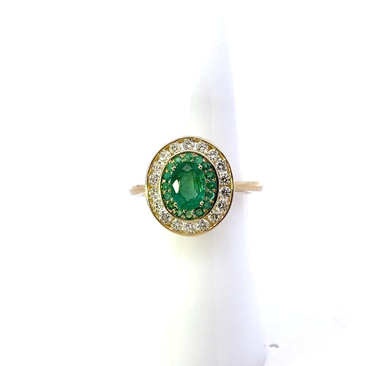 10K YG D-0.10CTW EMERALD SOLITAIRE WITH DIAMOND HALO RING