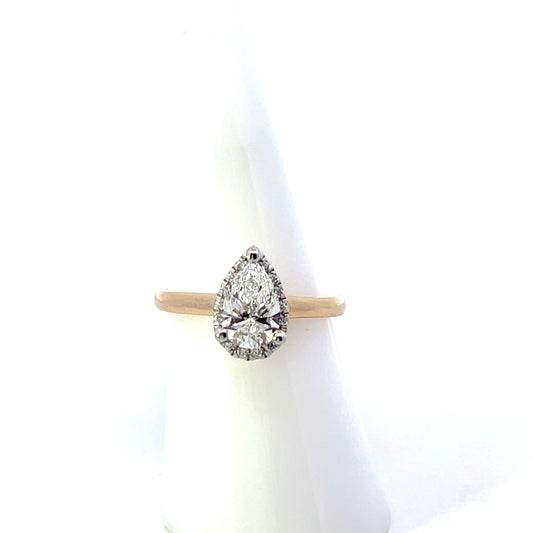 14K YG D-1.30CTW /1.00CT LAB DIAMOND LGD PEAR WITH HALO ENGAGEMENT RING