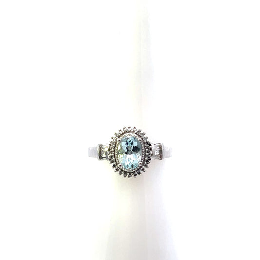 10K WG D-0.15CTW OVAL WITH HALO AQUAMARINE AND DIAMONDS RING (SIZE5)