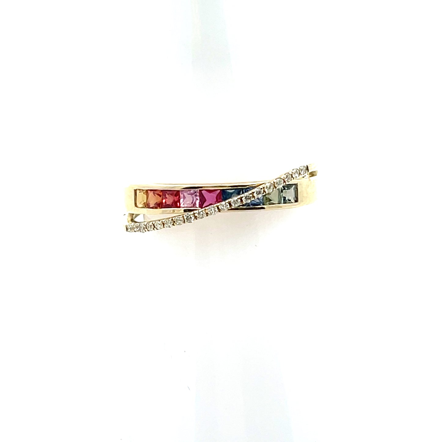 10K YG D-0.12CTW DIAMOND AND MULTICOLOR SAPPHIRE CROSS RING