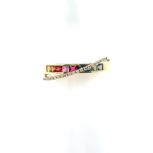 10K YG D-0.12CTW DIAMOND AND MULTICOLOR SAPPHIRE CROSS RING