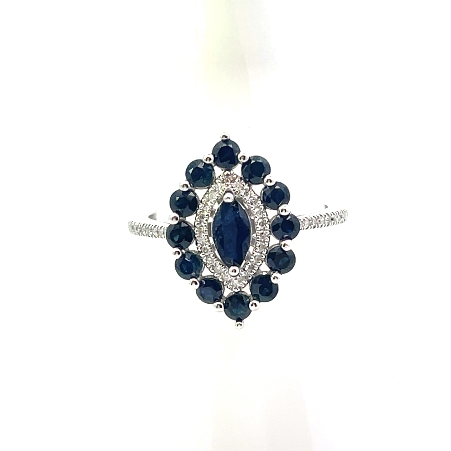 10K WG D-0.18CTW DIAMOND AND SAPPHIRE MARQUISE RING