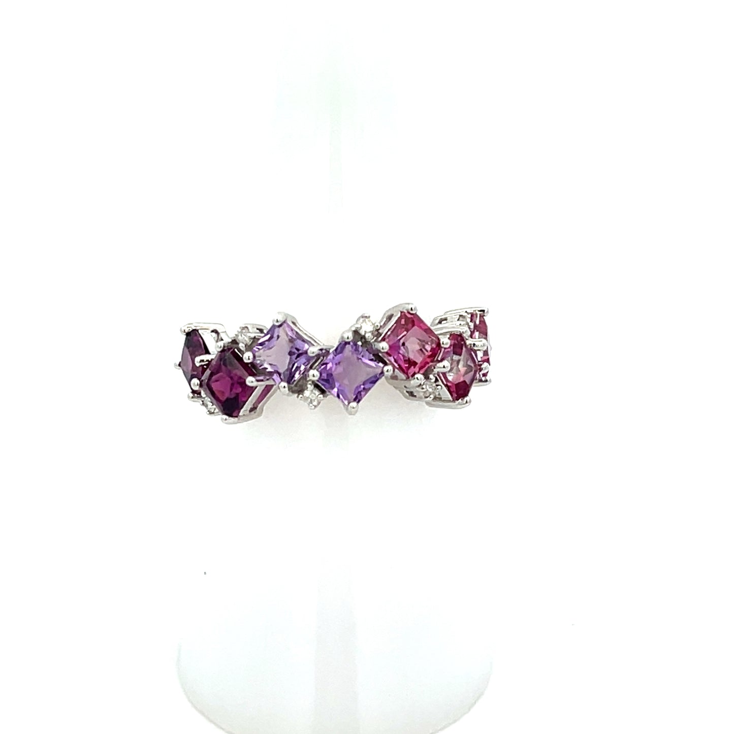 MULTIPLE PRINCESS CUT PINK TOPAZ AMETHYST AND RHODOLITE GARNET WITH DIAMOND ACCENT RING (SIZE7)