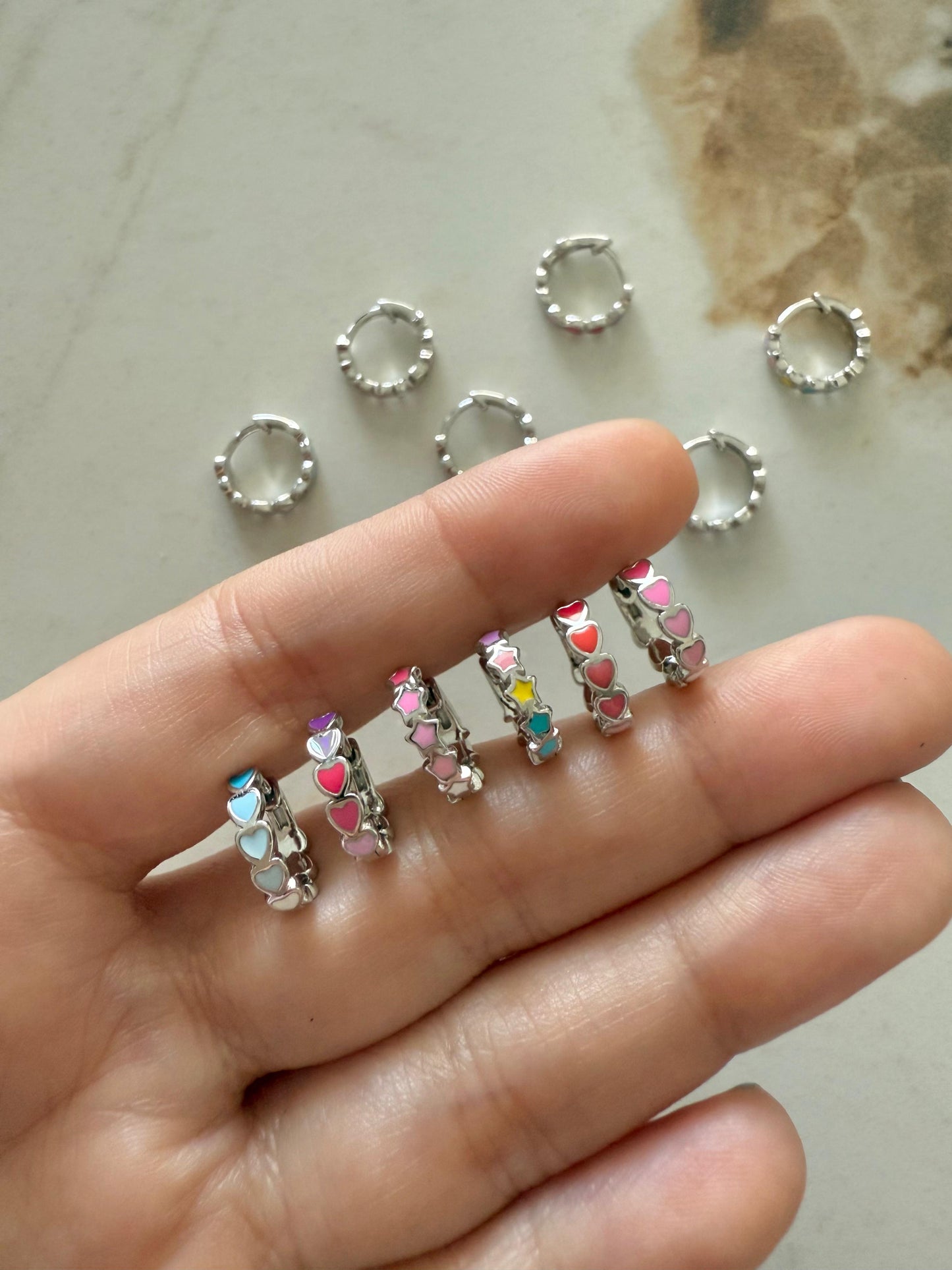 SMALL HEART/STAR ENAMEL HOOPS IN SEASON JEWELRY