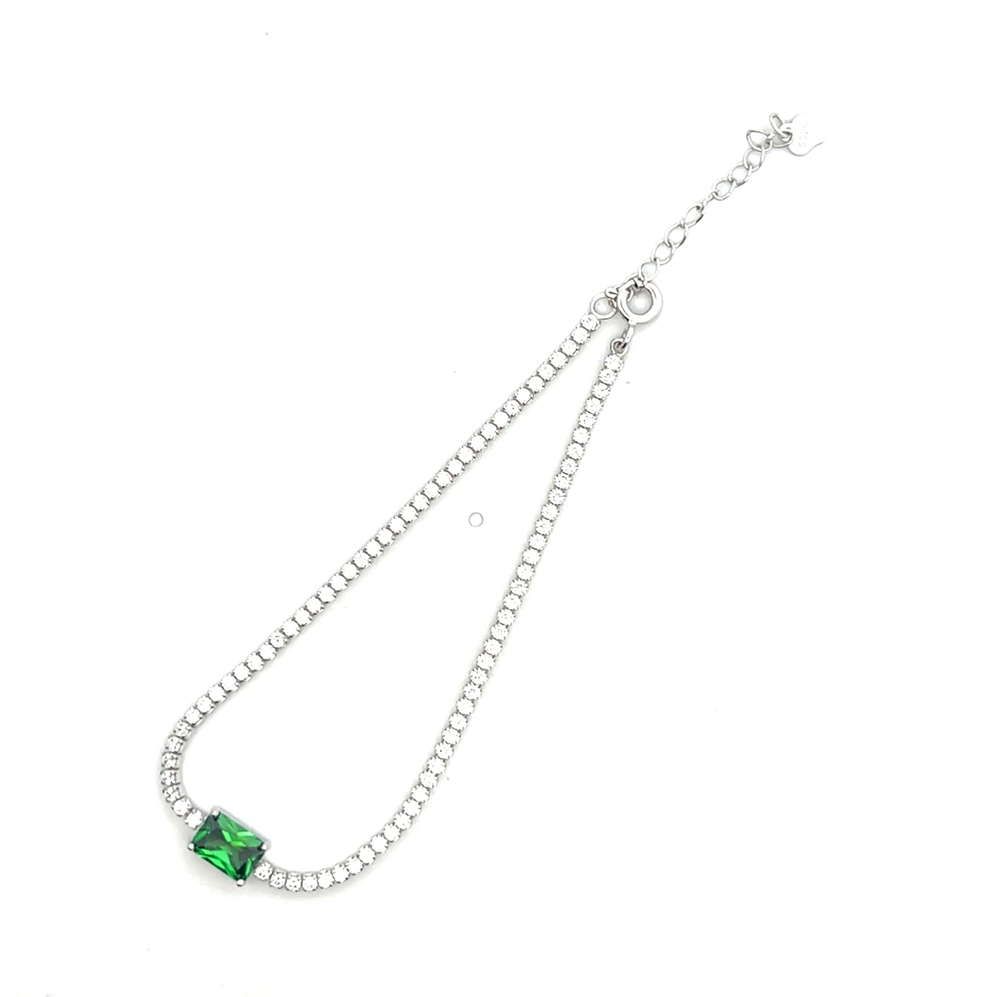 ADJUSTABLE TENNIS BRACELET WITH GREEN CHARM SILVER