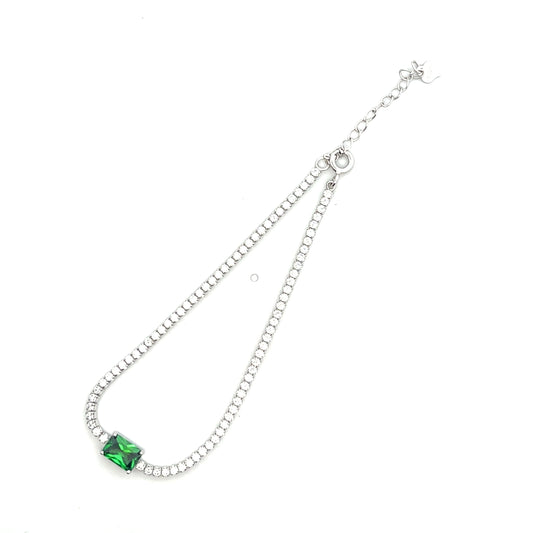 ADJUSTABLE TENNIS BRACELET WITH GREEN CHARM SILVER