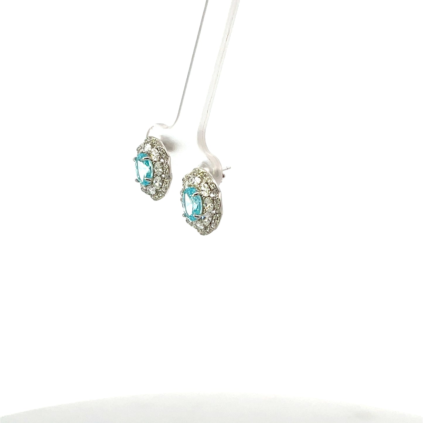VINTAGE HALO BABY BLUE OVAL SOLITAIRE EARRINGS