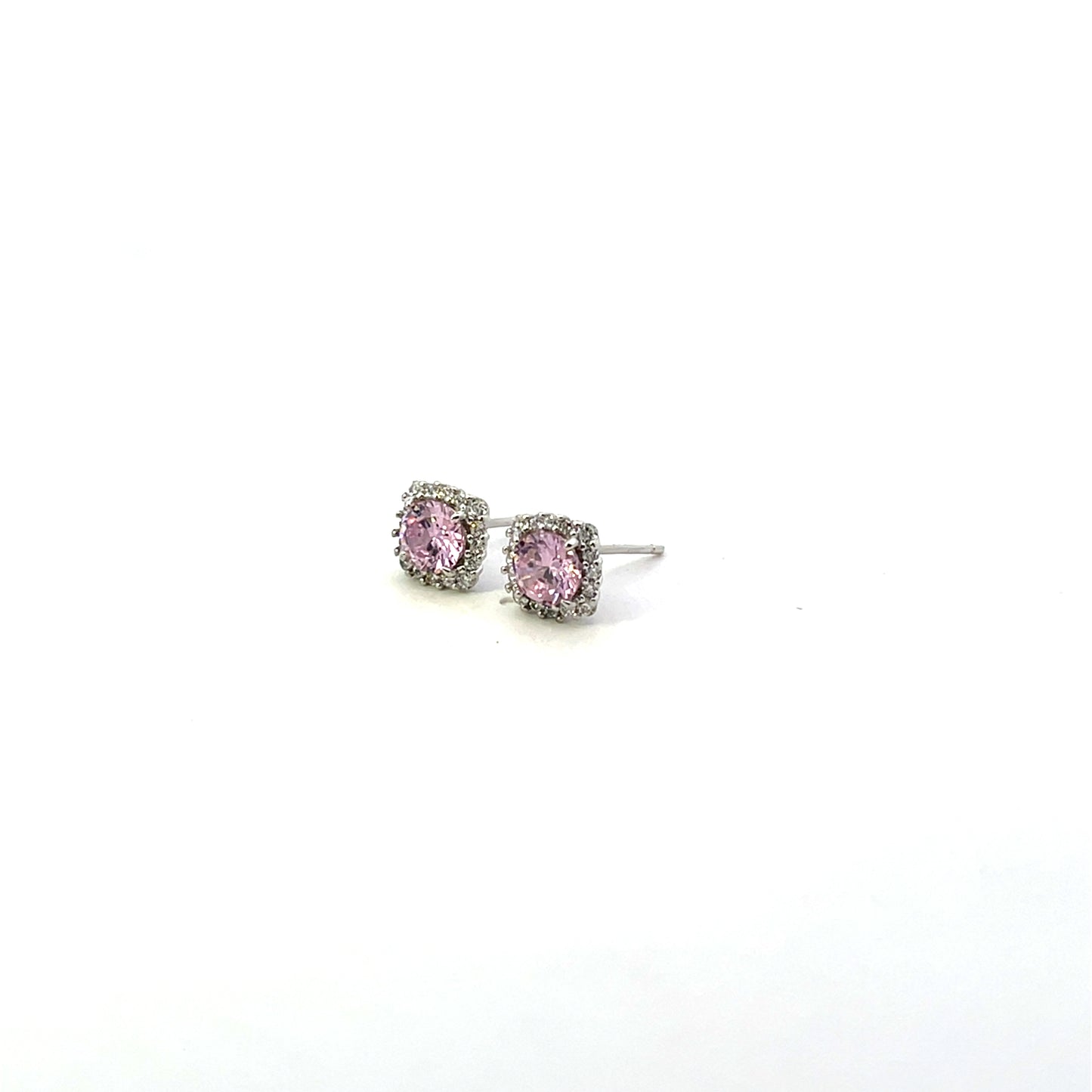 ROUND PINK SOLITAIRE WITH HALO STUD EARRINGS SILVER
