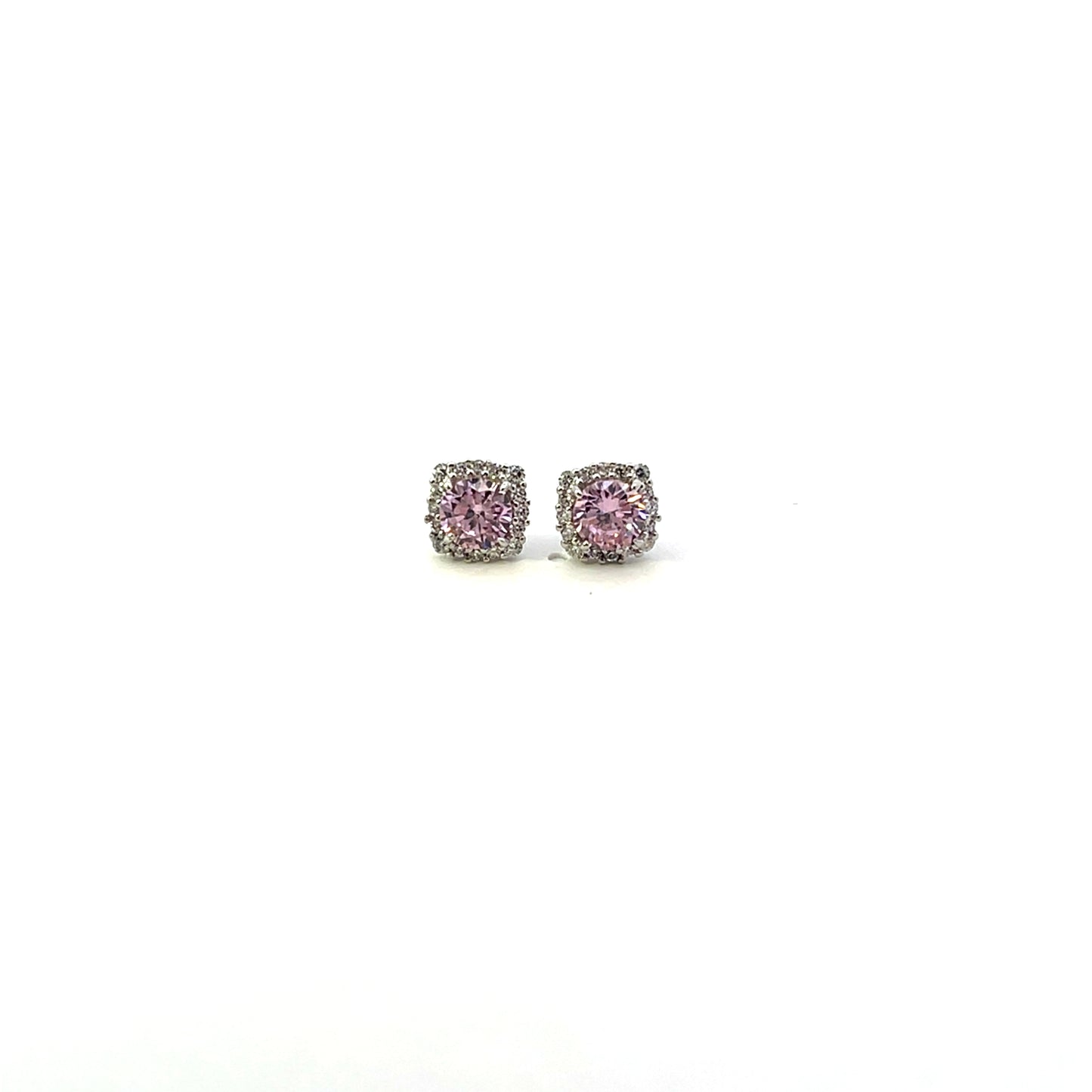 ROUND PINK SOLITAIRE WITH HALO STUD EARRINGS SILVER