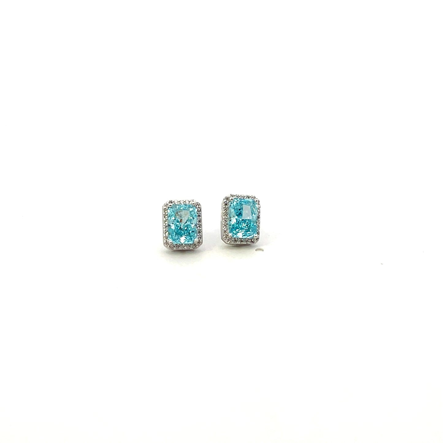 EMERALD CUT WITH HALO BLUE STUDS