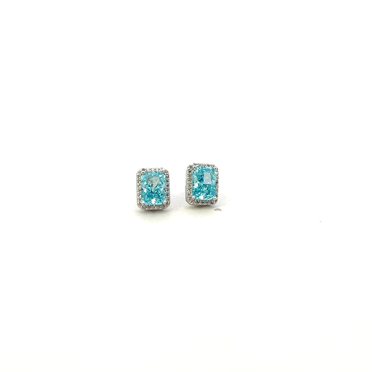 EMERALD CUT WITH HALO BLUE STUDS
