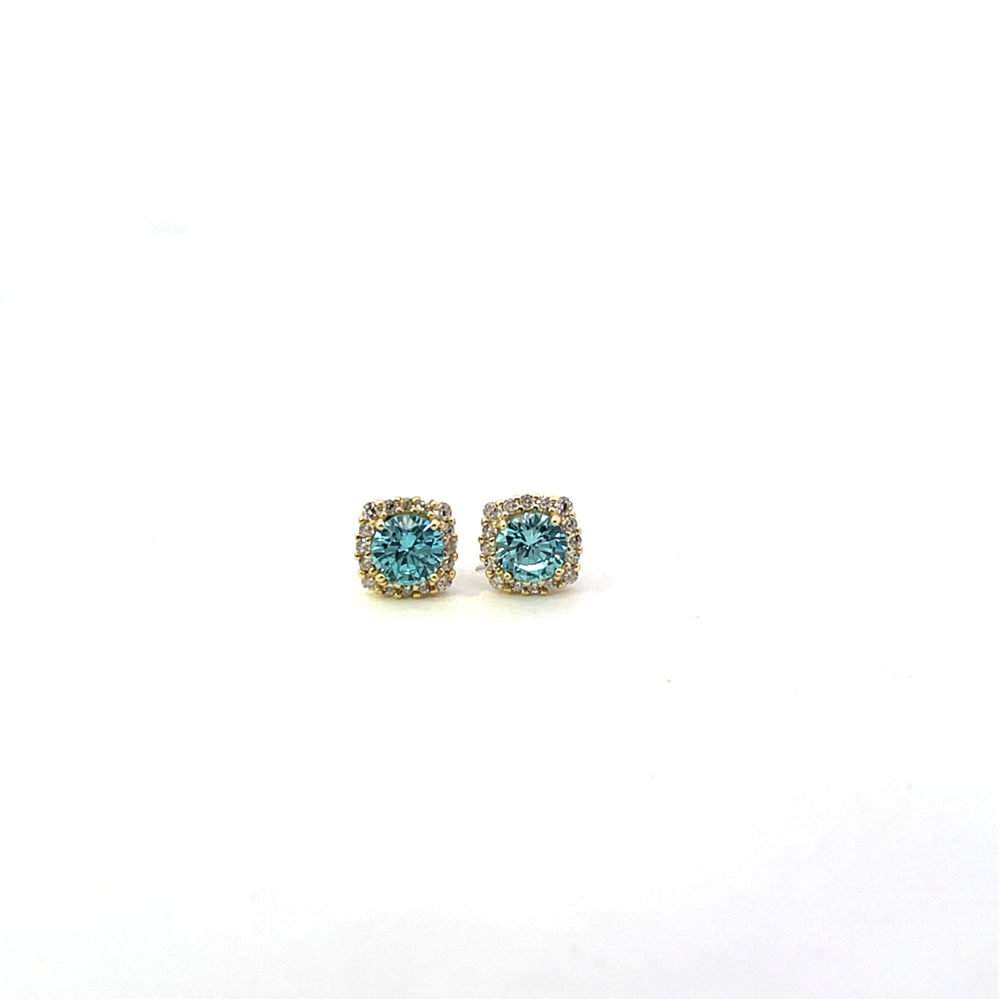 ROUND BLUE SOLITAIRE WITH HALO STUD EARRINGS SGP