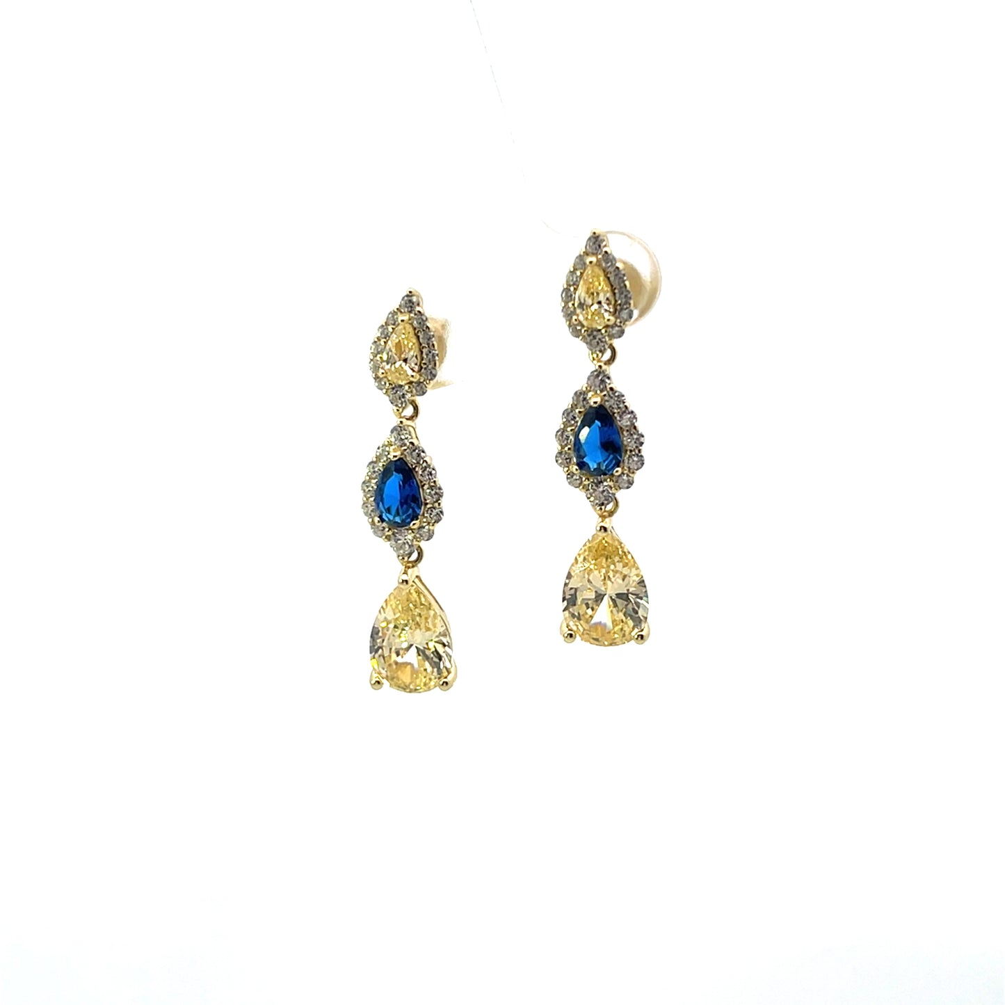 YELLOW AND BLUE PEAR WITH HALO PENDANT EARRINGS SILVER