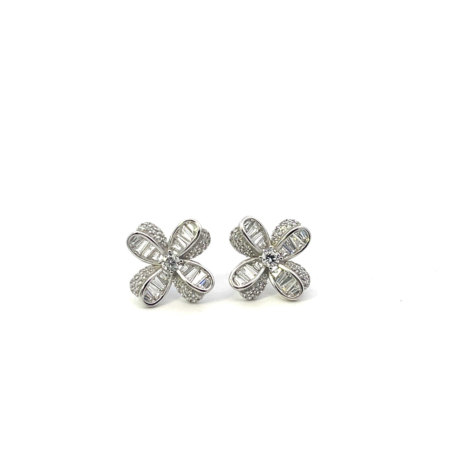 PAVE AND BAGUETTE CZ FLOWER EARRINGS SILVER
