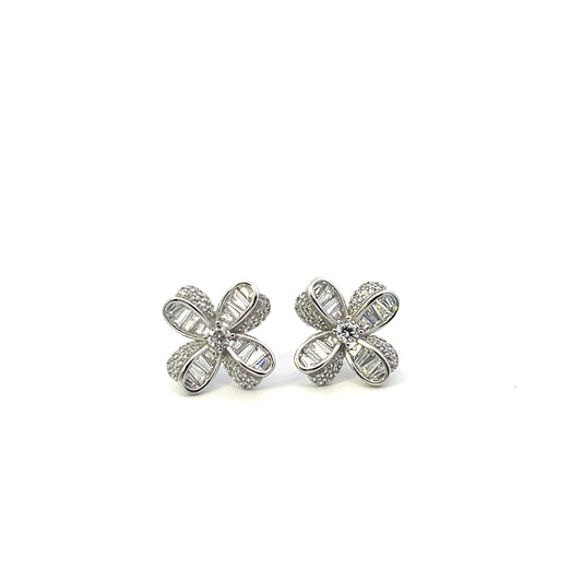 PAVE AND BAGUETTE CZ FLOWER EARRINGS SILVER