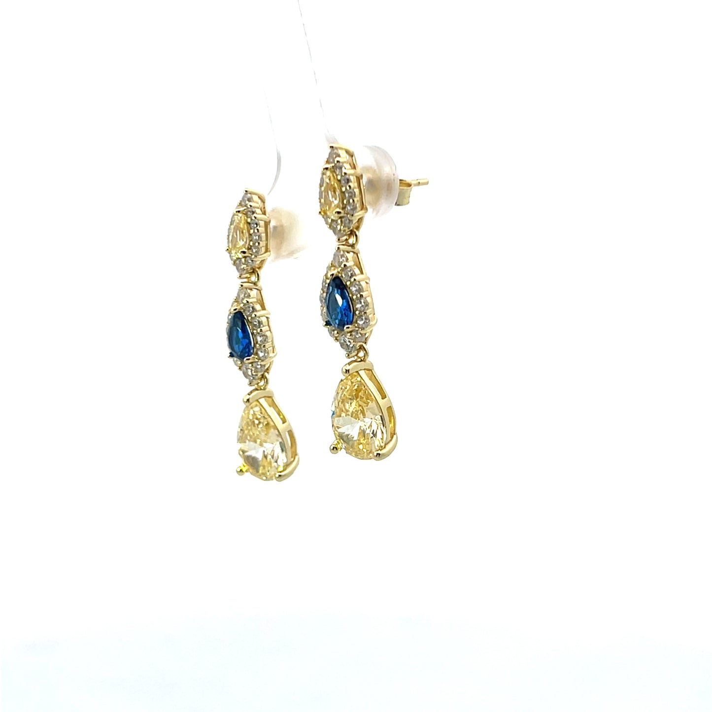 YELLOW AND BLUE PEAR WITH HALO PENDANT EARRINGS SILVER