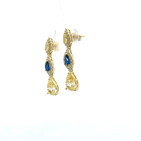 YELLOW AND BLUE PEAR WITH HALO PENDANT EARRINGS SILVER
