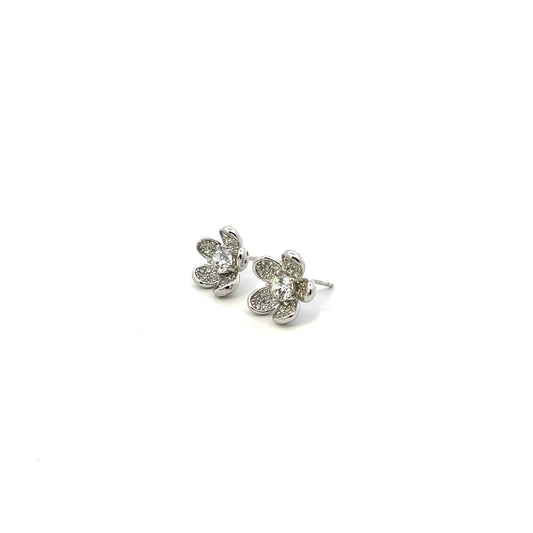 PAVE FLOWERS WITH SOLITAIRE EARRINGS SILVER
