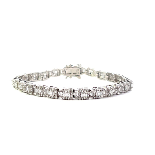 TENNIS BRACELET 2 BAGUETTE CENTER AND HALO SILVER 7"