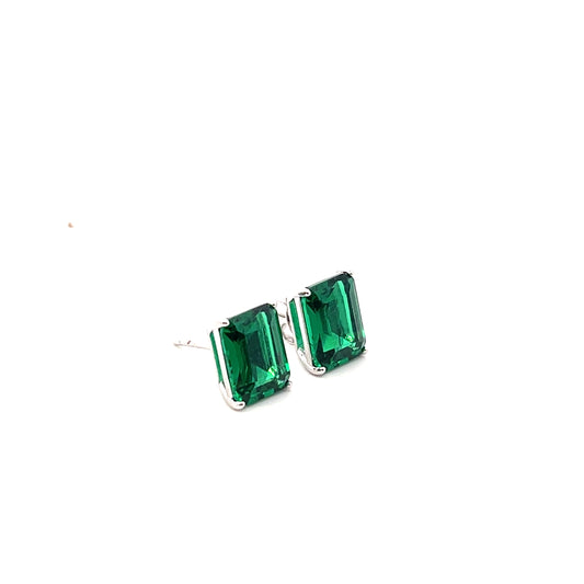 EMERALD CUT SOLITAIRE EARRINGS SILVER GREEN