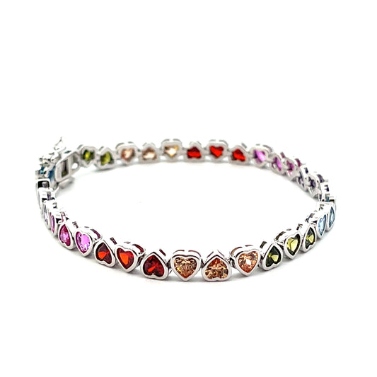 TENNIS BRACELET RAINBOW HEARTS WITH BEZEL SILVER 7"